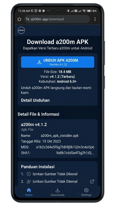 Tampilan halaman APK a200m