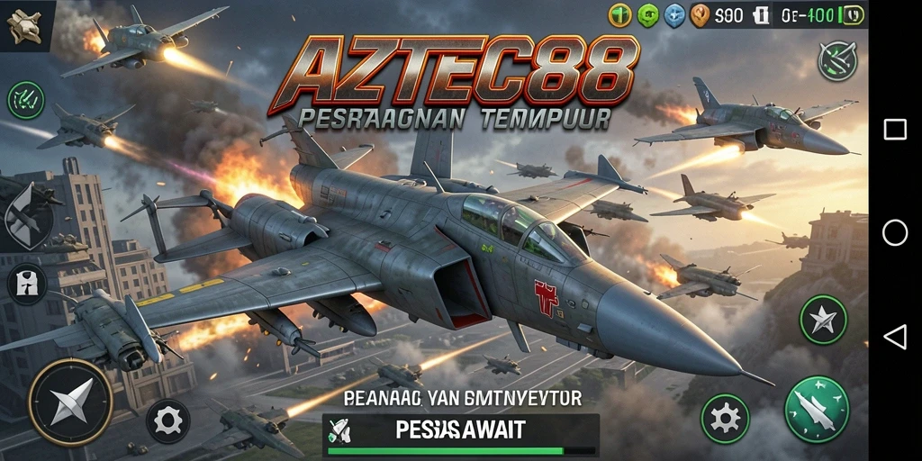 Screenshot AZTEC88 menampilkan pertarungan pesawat tempur yang mendebarkan.